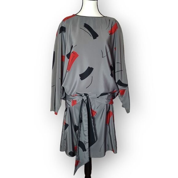 Vintage 80's Abstract Grey Drop Waist Joseph Ribkoff Mini Dress - Picture 1 of 7